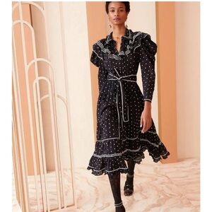 Ulla Johnson Navy and White Swiss dot Ruffle Dress